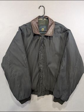 Men's Club Room Olive Green Bomber Jacket with Brown Leather Collar